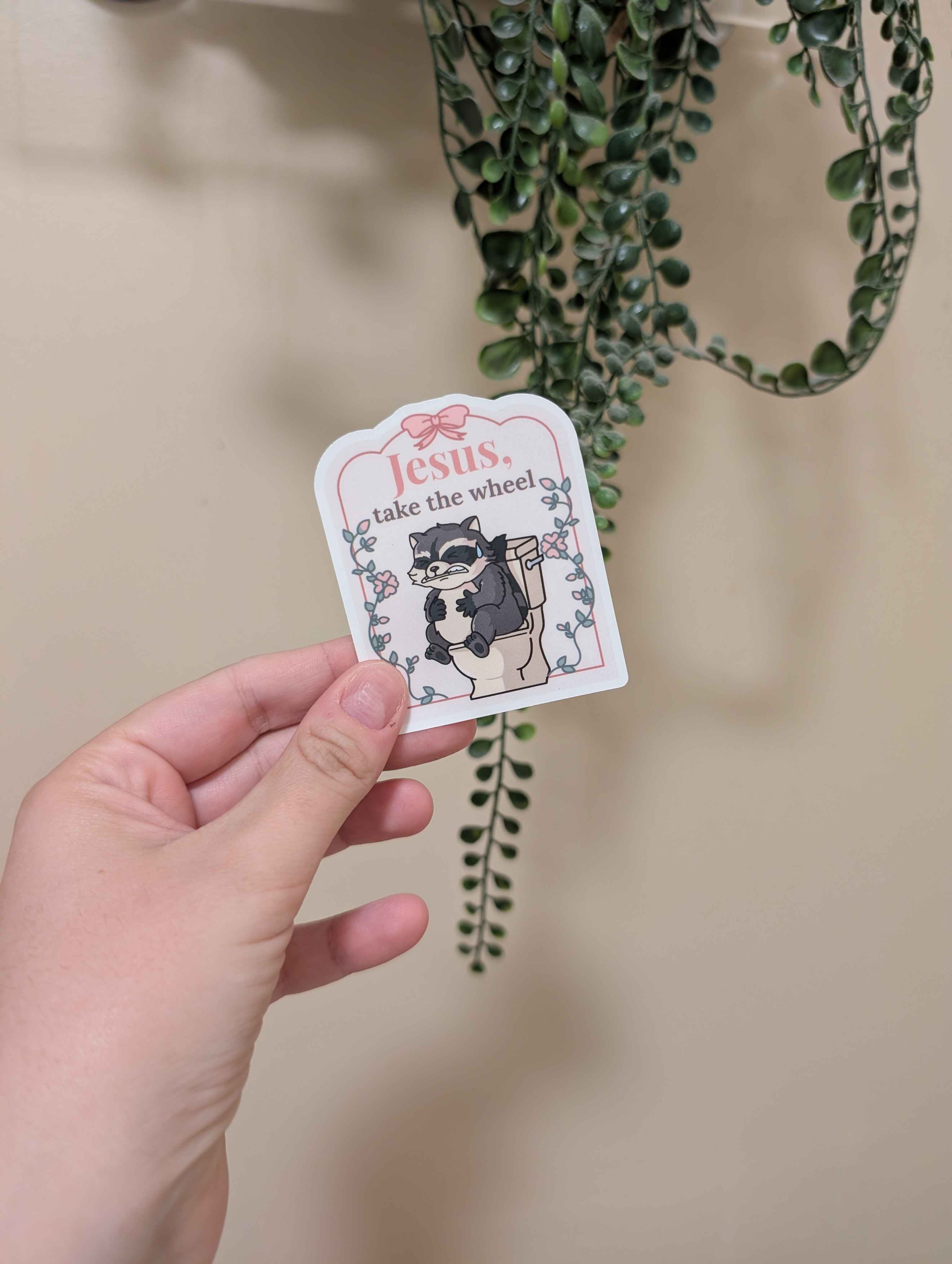 Jesus Take the Wheel Raccoon Sticker