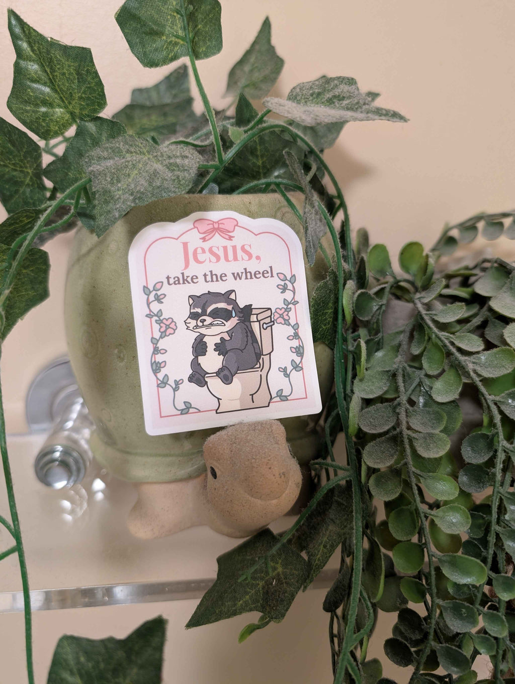 Jesus Take the Wheel Raccoon Sticker